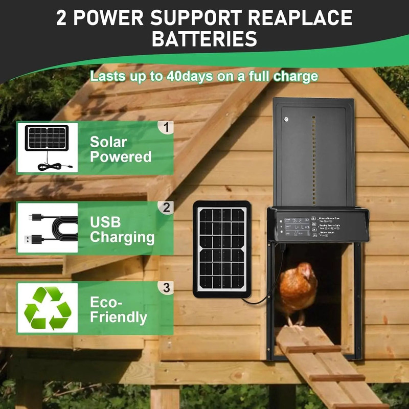 Solar Auto Chicken Coop Door With USB Charging Timer And Light Sensor 3