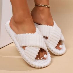 corduroy cross strap plush indoor slippers for women and men ultra soft four seasons slides