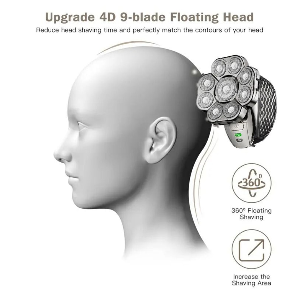 Mens Bald Head Electric Shaver 9 Blade Floating Rechargeable Trimmer With Beard Nose And Ear Attach 1