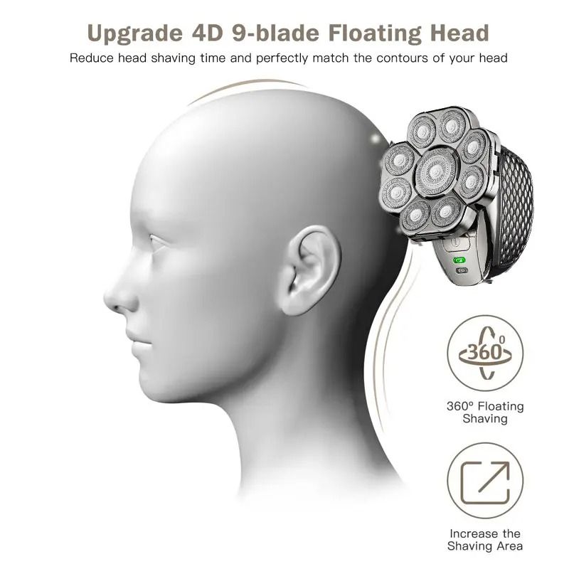 Mens Bald Head Electric Shaver 9 Blade Floating Rechargeable Trimmer With Beard Nose And Ear Attach 1