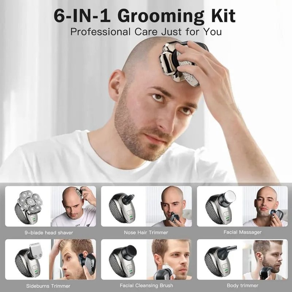 Mens Bald Head Electric Shaver 9 Blade Floating Rechargeable Trimmer With Beard Nose And Ear Attach 2