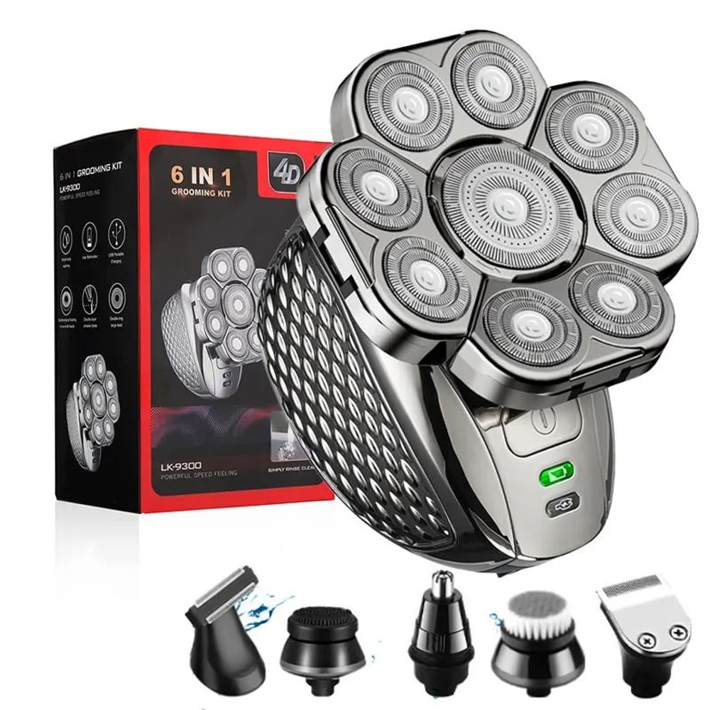 Mens Bald Head Electric Shaver 9 Blade Floating Rechargeable Trimmer With Beard Nose And Ear Attach 7