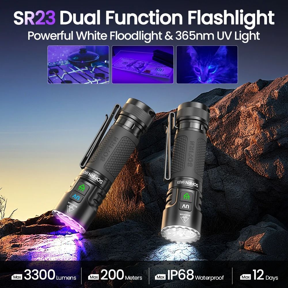 Sofirn SR23 Dual Light Flashlight 3300 Lumen White Floodlight With 365nm UV And Magnetic Tailcap 1