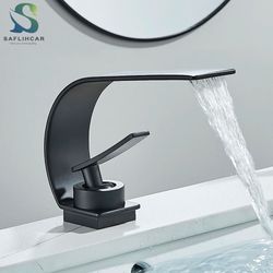 black thin style bathroom sink faucet with hot and cold water mixer