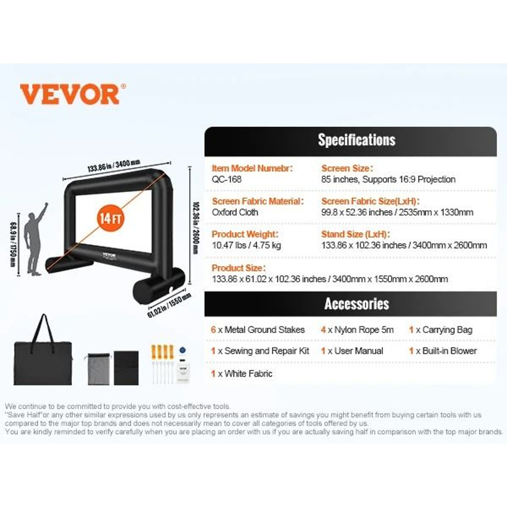 VEVOR Inflatable Movie Screen 14 FT And 16 FT Outdoor Projector Screen With Blower For Backyard And 6