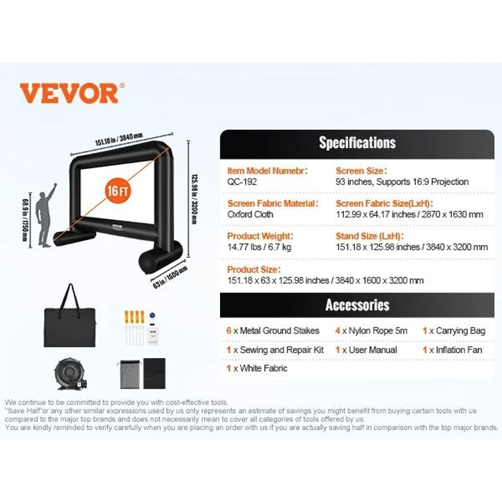 VEVOR Inflatable Movie Screen 14 FT And 16 FT Outdoor Projector Screen With Blower For Backyard And 7