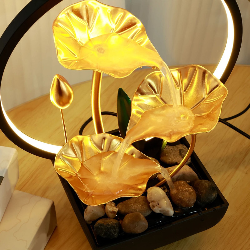 Tabletop Water Fountain With LED Ring Lights And Natural Rocks For Home Decor 2