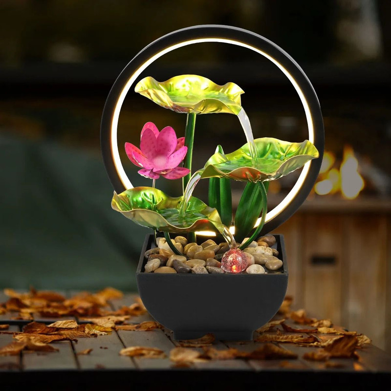 Tabletop Water Fountain With LED Ring Lights And Natural Rocks For Home Decor 3