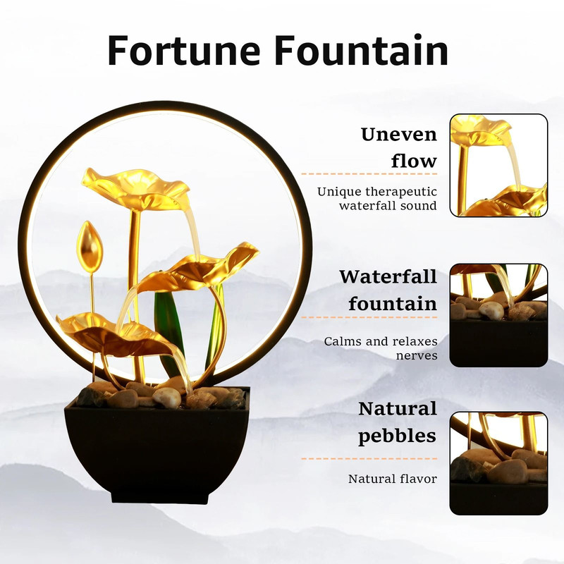 Tabletop Water Fountain With LED Ring Lights And Natural Rocks For Home Decor 4