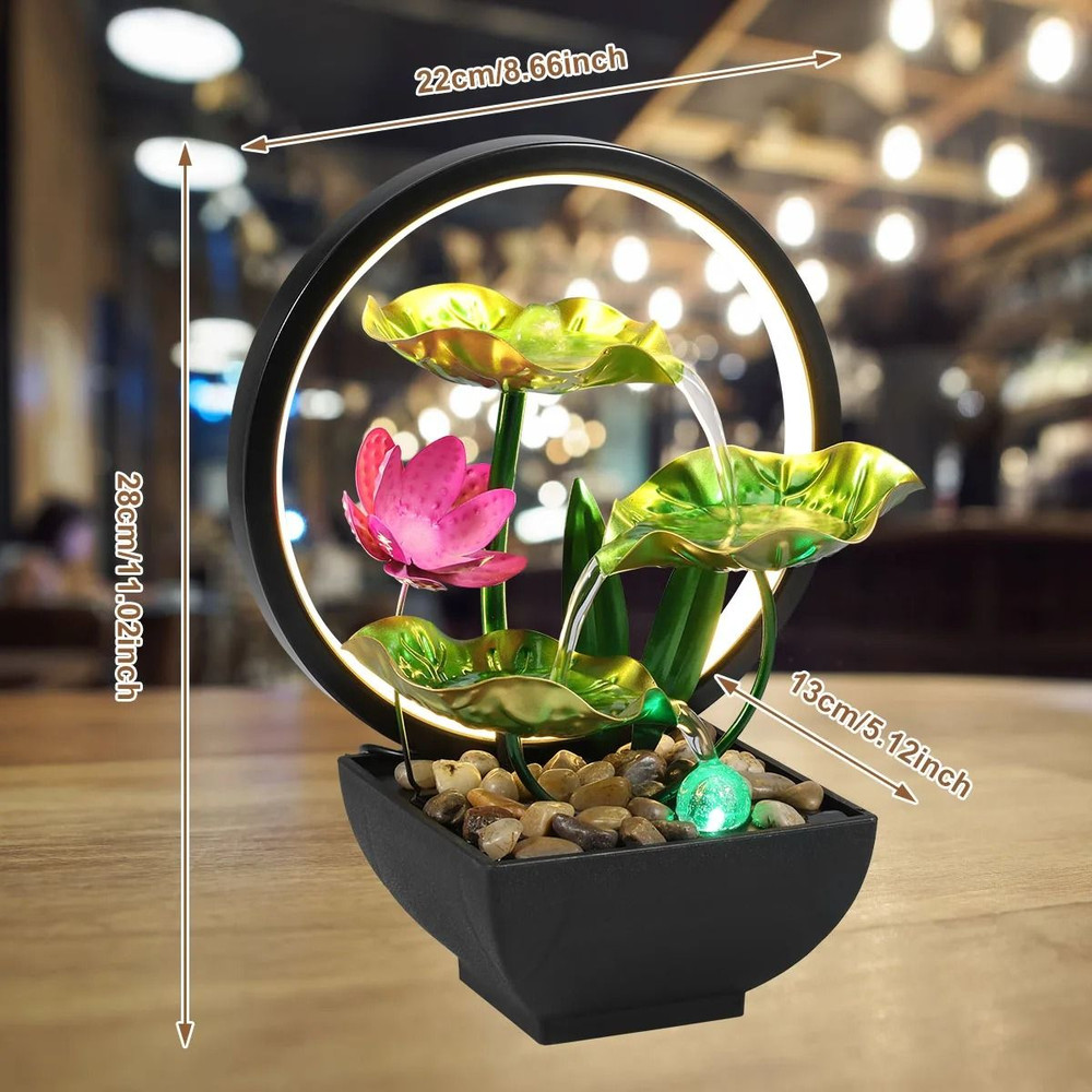 Tabletop Water Fountain With LED Ring Lights And Natural Rocks For Home Decor 6