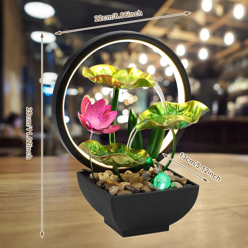 Tabletop Water Fountain With LED Ring Lights And Natural Rocks For Home Decor 6