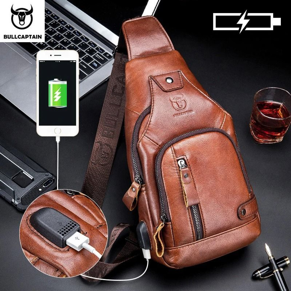 Bullcaptain Leather Large Capacity Chest Bag Men Shoulder USB Port Outdoor 0