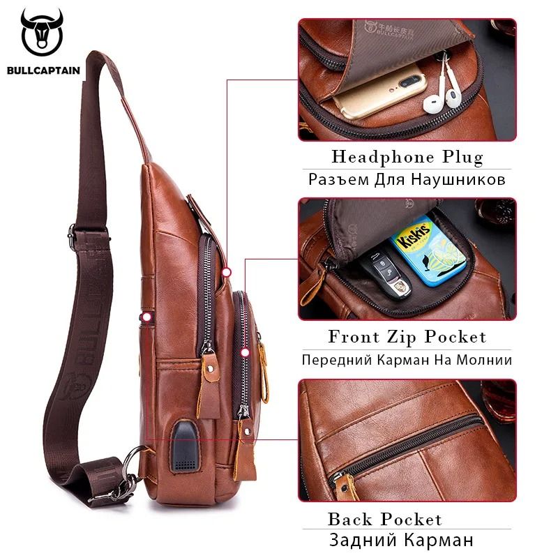 Bullcaptain Leather Large Capacity Chest Bag Men Shoulder USB Port Outdoor 2