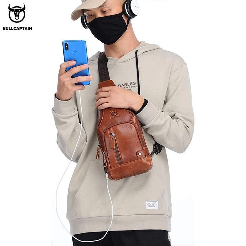 Bullcaptain Leather Large Capacity Chest Bag Men Shoulder USB Port Outdoor 3