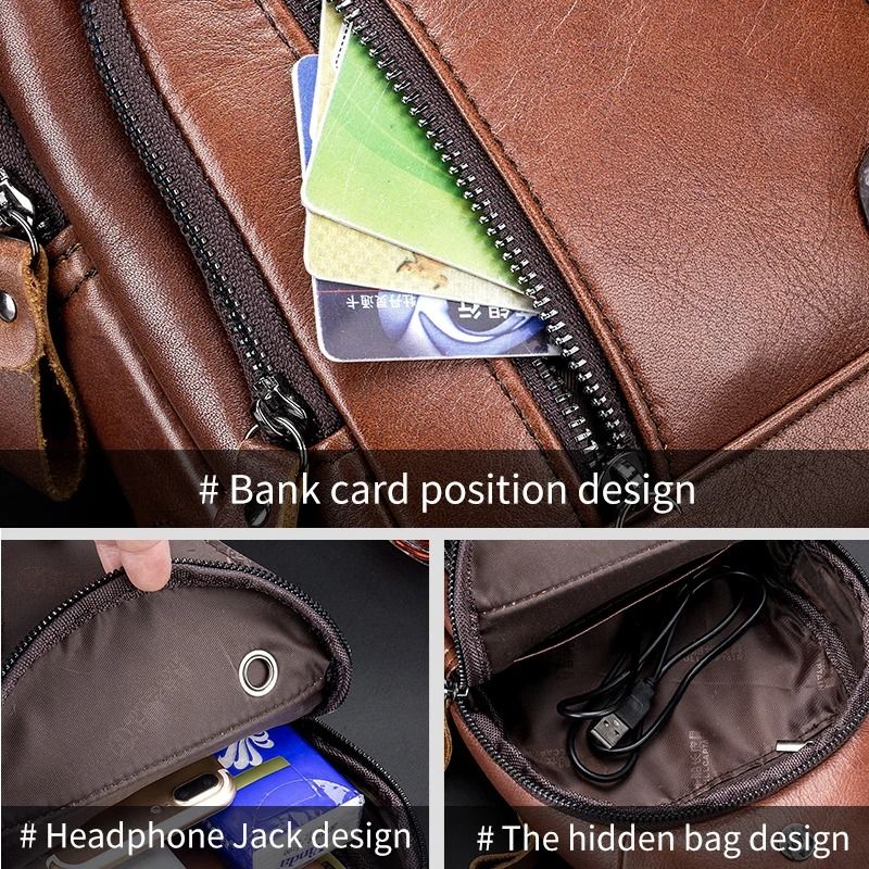 Bullcaptain Leather Large Capacity Chest Bag Men Shoulder USB Port Outdoor 5