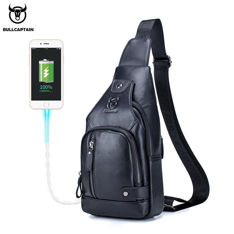 Bullcaptain Leather Large Capacity Chest Bag Men Shoulder USB Port Outdoor 7