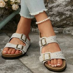 summer suede flat slipper women soft bottom rivet street slide buckle strap