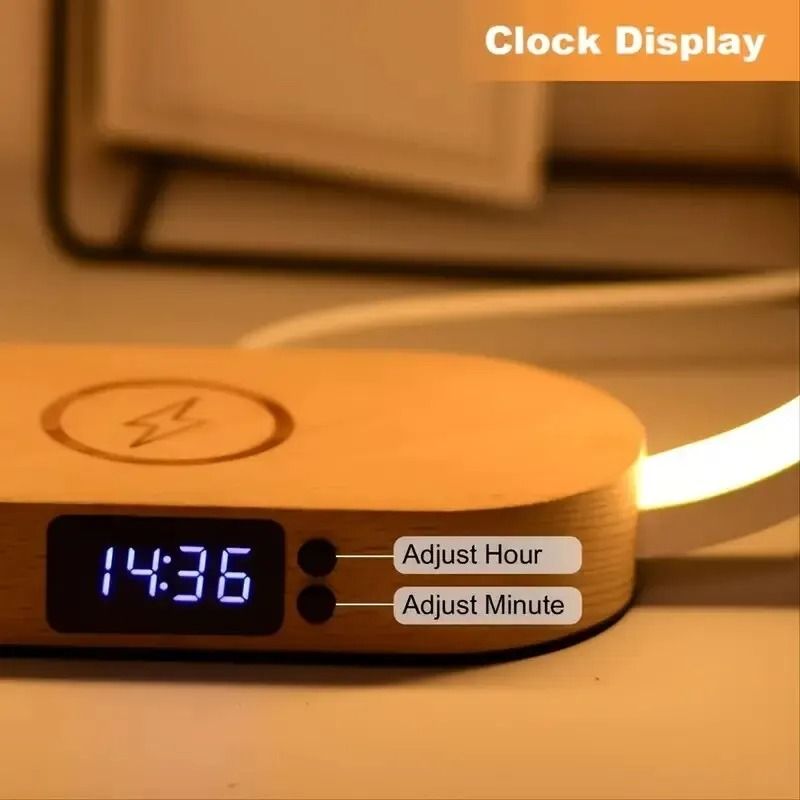 Multifunction Wireless Charger Stand Clock LED Desk Lamp With USB Fast Charging Dock 5
