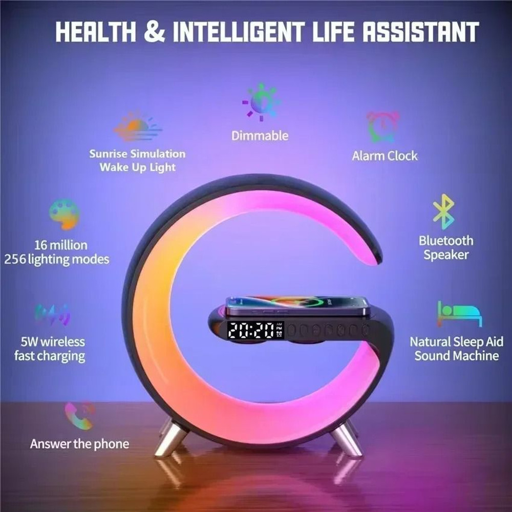 Multifunction Wireless Charger Stand Bluetooth Speaker FM RGB Night Light 4