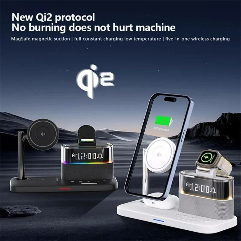 Qi2 5 In 1 Magnetic Wireless Charger Stand With LED Night Light And Alarm Clock For Samsung IPhone 3