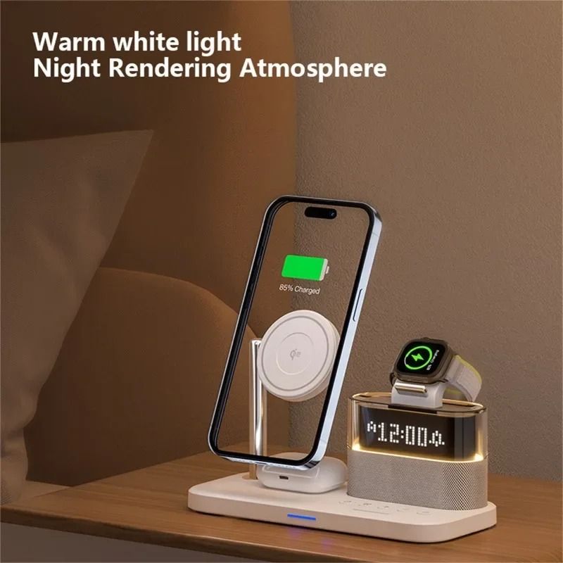 Qi2 5 In 1 Magnetic Wireless Charger Stand With LED Night Light And Alarm Clock For Samsung IPhone 4