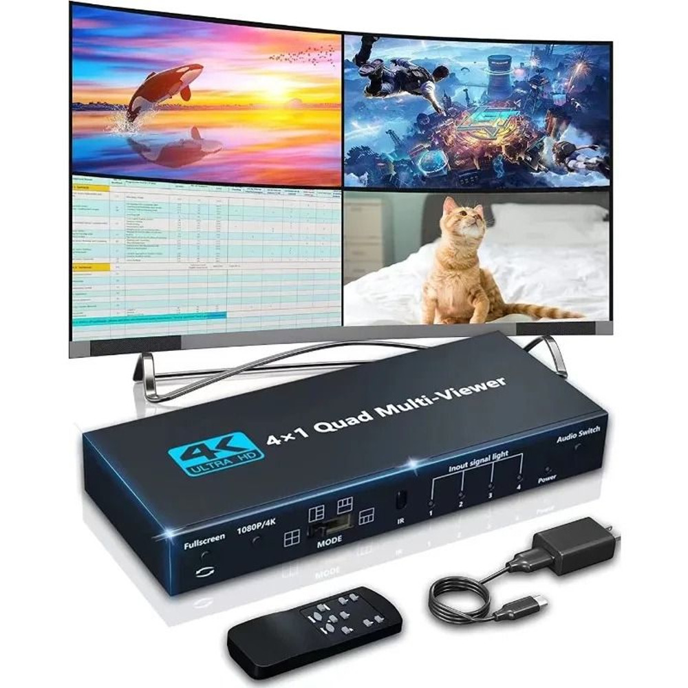 4K HDMI Multiviewer 4x1 Quad Screen Seamless Switcher With Remote 0