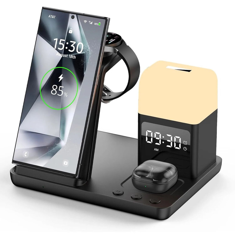 6 In 1 Wireless Charger Station Alarm Clock Night Light For Galaxy Watch Buds Pro And Smartphones 0