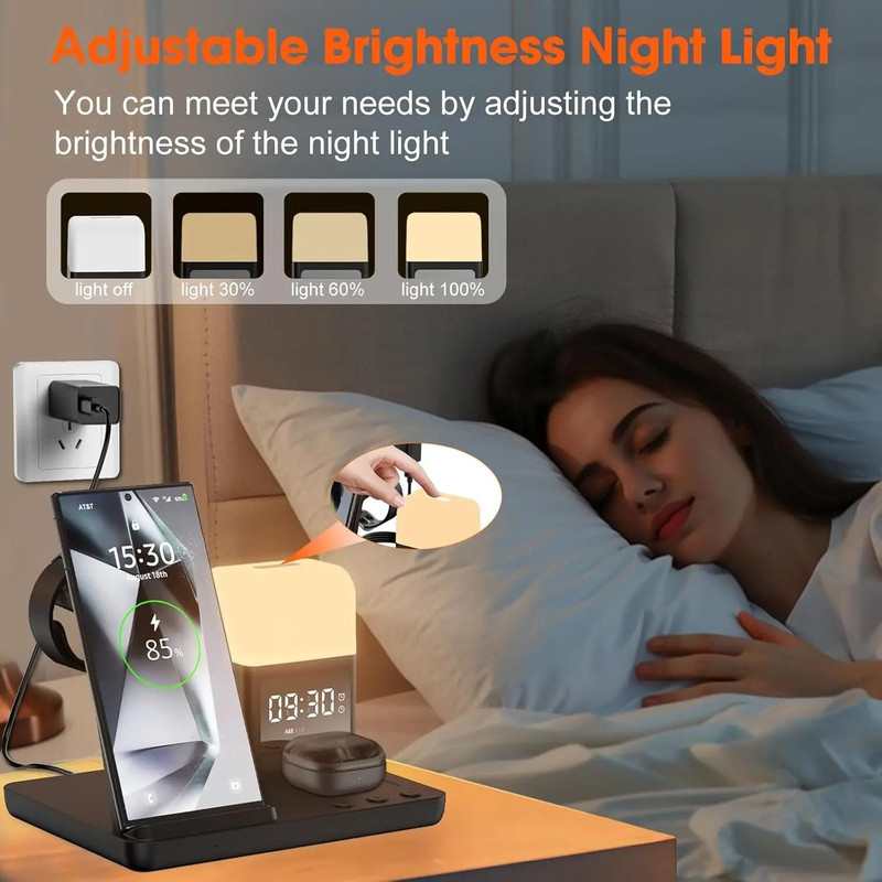 6 In 1 Wireless Charger Station Alarm Clock Night Light For Galaxy Watch Buds Pro And Smartphones 4