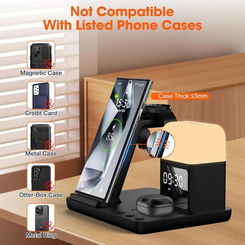 6 In 1 Wireless Charger Station Alarm Clock Night Light For Galaxy Watch Buds Pro And Smartphones 5