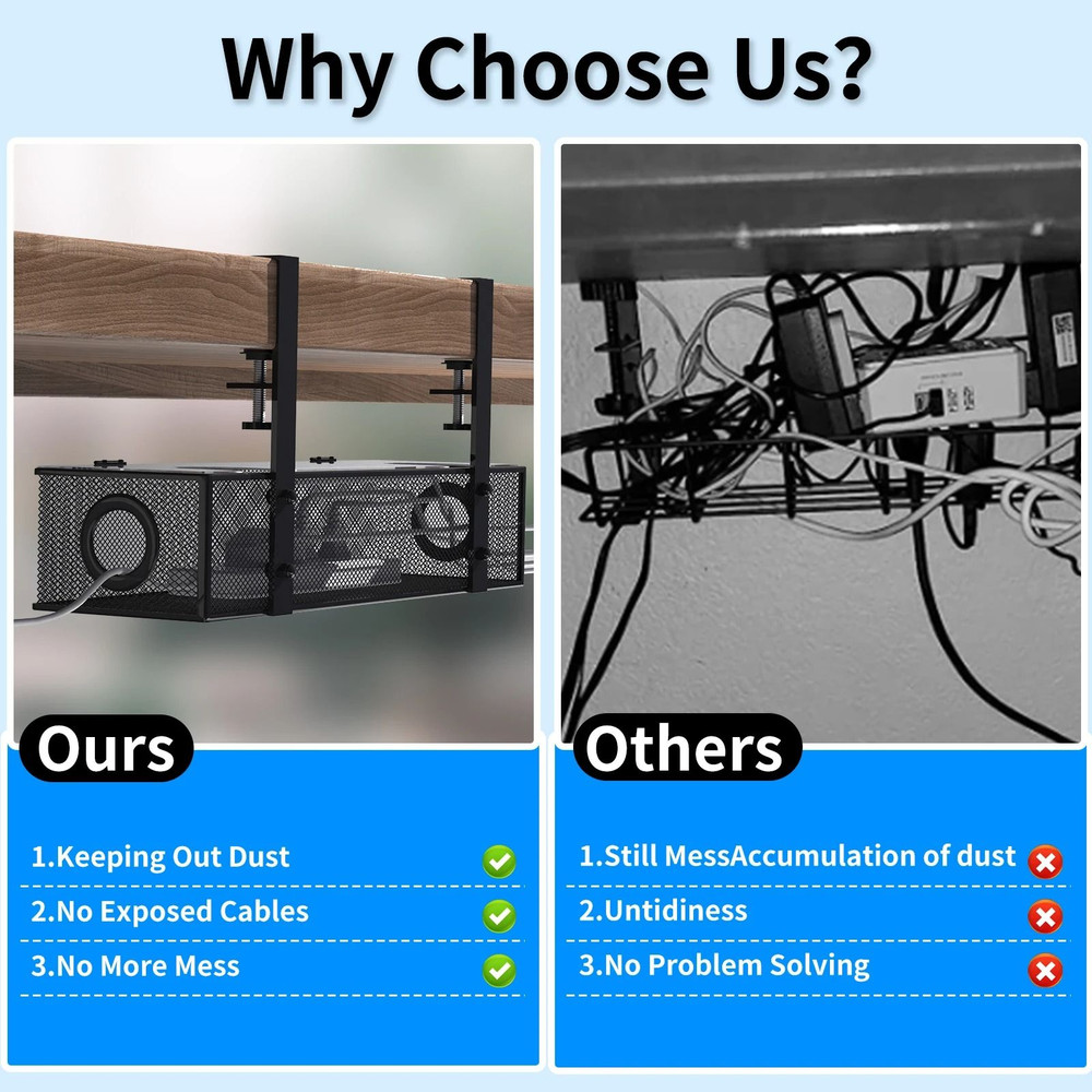 Under Desk Box Tray Black Wire Management Cord Organizer Clamp Mount 1