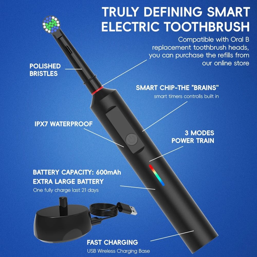 Smart Wireless Charging Rotating Electric Toothbrush 3 Modes Rechargeable 1