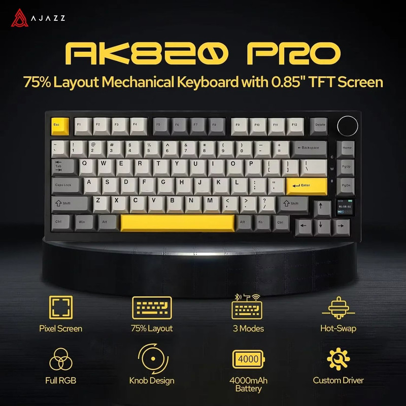 Ajazz AK820 Pro Wireless Mechanical Gaming Keyboard With Knob And Hot Swappable Keys 0