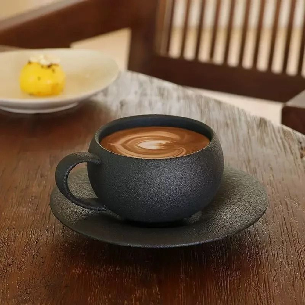 Japanese Style Ceramic Coffee Cup And Saucer Set In Black Or White Egg Shaped Design 0