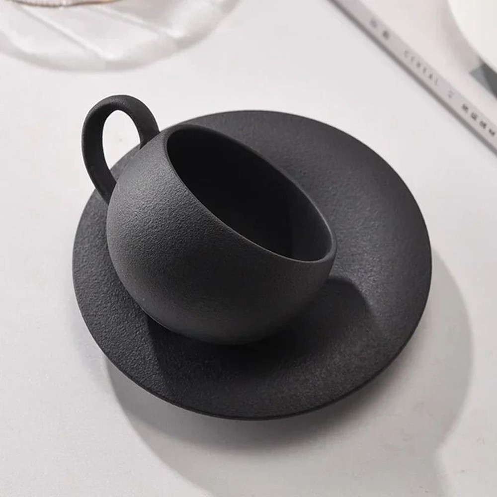 Japanese Style Ceramic Coffee Cup And Saucer Set In Black Or White Egg Shaped Design 4