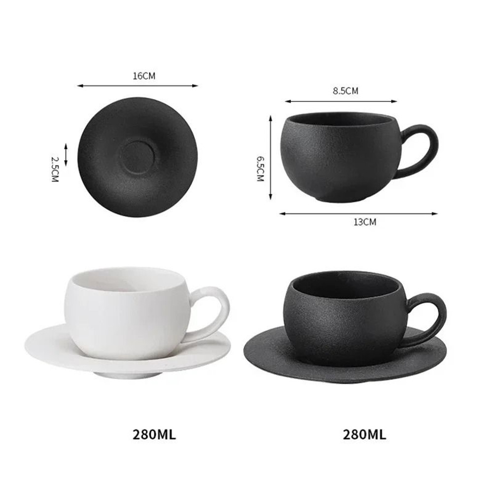 Japanese Style Ceramic Coffee Cup And Saucer Set In Black Or White Egg Shaped Design 5