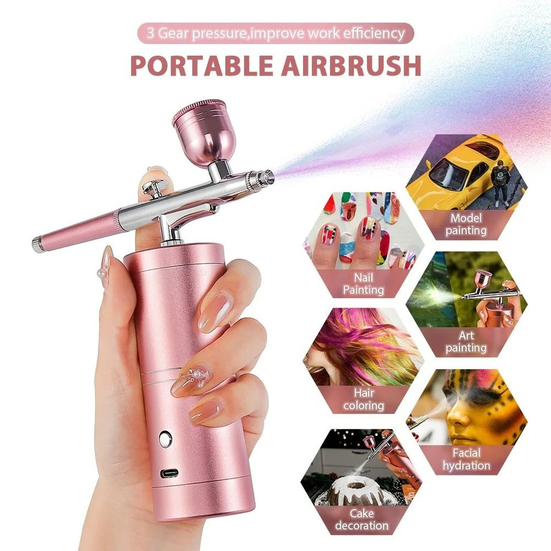 Mini Airbrush Kit 03mm Pink Air Compressor For Nail Art Tattoos Crafts And Cake Decorating 0