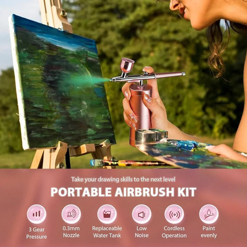 Mini Airbrush Kit 03mm Pink Air Compressor For Nail Art Tattoos Crafts And Cake Decorating 3