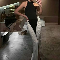 blifanbo patchwork sleeveless split maxi dress women fashion contrast color halter backless ruched bodycon maxi dress