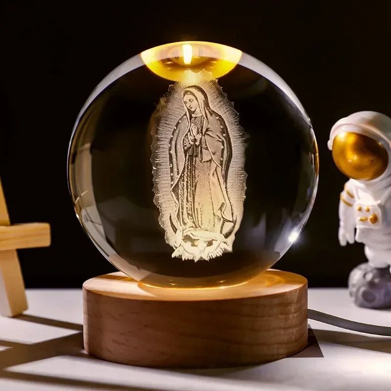 Illuminated Jesus And Virgin Mary Crystal Ball Set With Cross 10