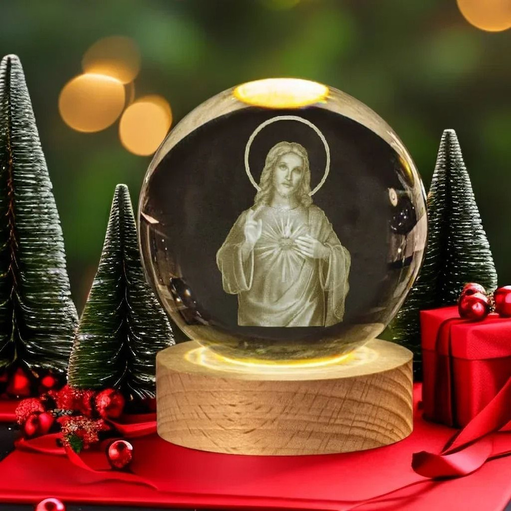 Illuminated Jesus And Virgin Mary Crystal Ball Set With Cross 6