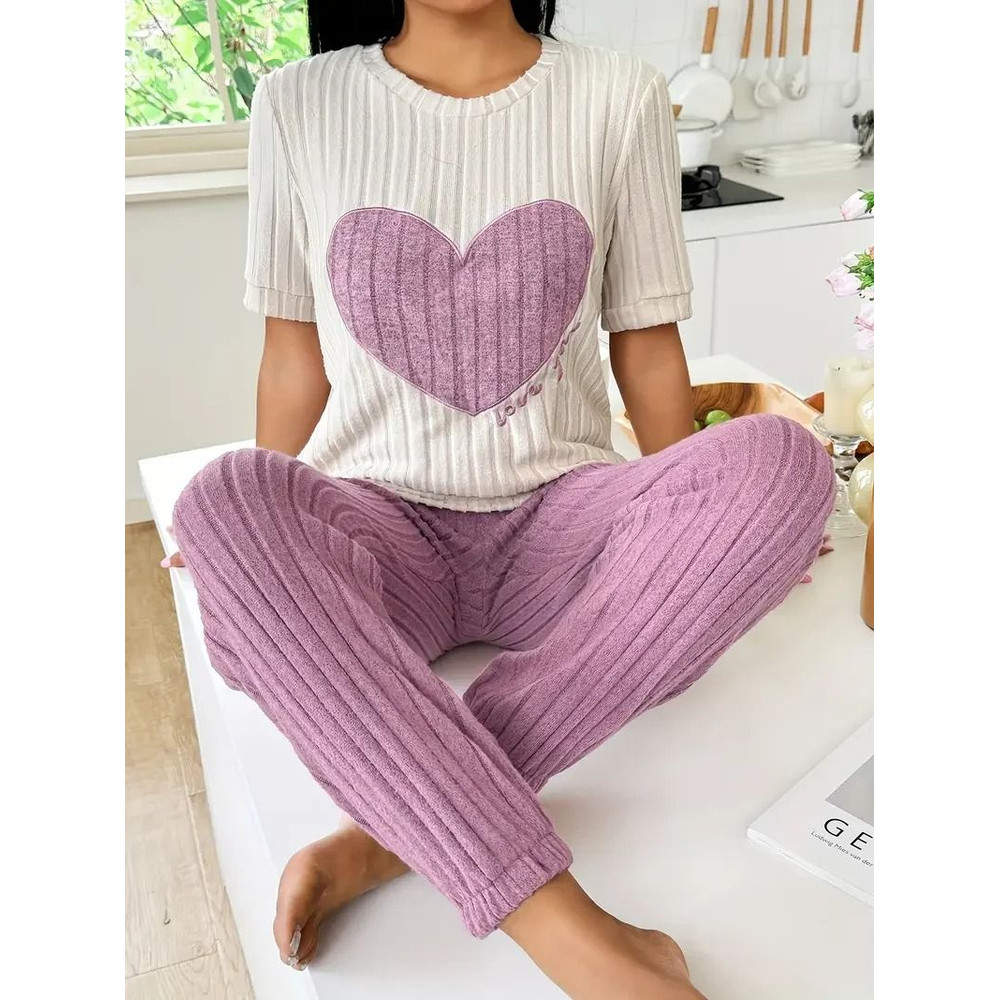Womens Heart Print Pajama Set Round Neck Short Sleeve Top With Long Pants Sleepwear 0