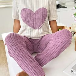 womens heart print pajama set round neck short sleeve top with long pants sleepwear