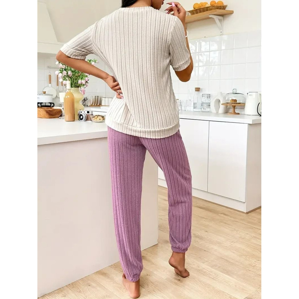 Womens Heart Print Pajama Set Round Neck Short Sleeve Top With Long Pants Sleepwear 1