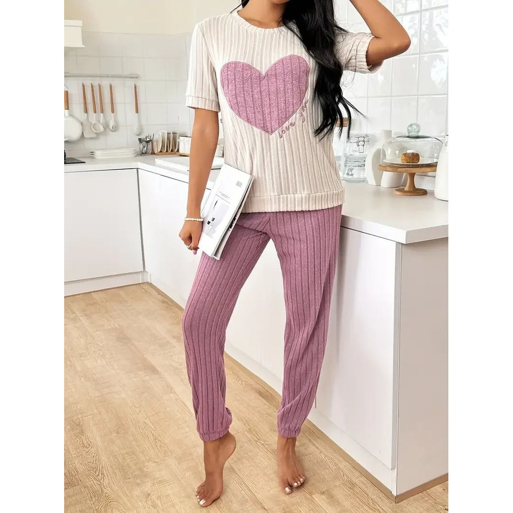 Womens Heart Print Pajama Set Round Neck Short Sleeve Top With Long Pants Sleepwear 2