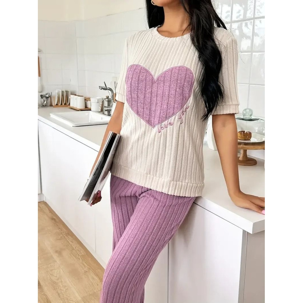 Womens Heart Print Pajama Set Round Neck Short Sleeve Top With Long Pants Sleepwear 3