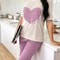 Womens Heart Print Pajama Set Round Neck Short Sleeve Top With Long Pants Sleepwear 3