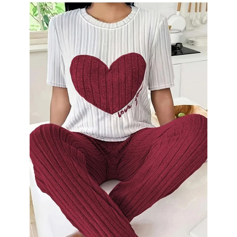 Womens Heart Print Pajama Set Round Neck Short Sleeve Top With Long Pants Sleepwear 4