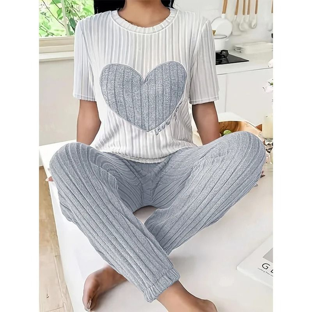 Womens Heart Print Pajama Set Round Neck Short Sleeve Top With Long Pants Sleepwear 7