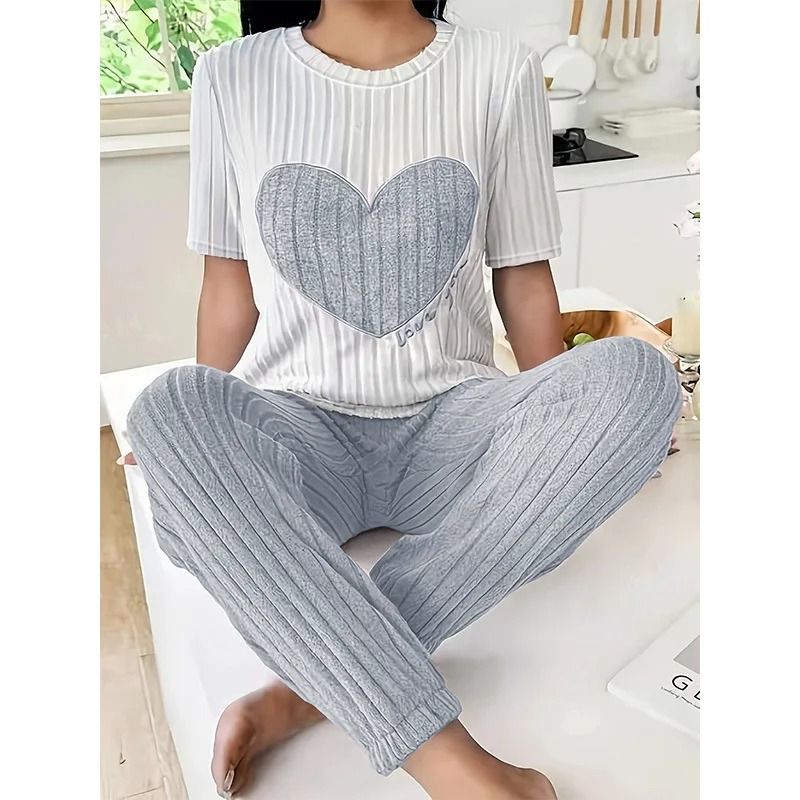 Womens Heart Print Pajama Set Round Neck Short Sleeve Top With Long Pants Sleepwear 7