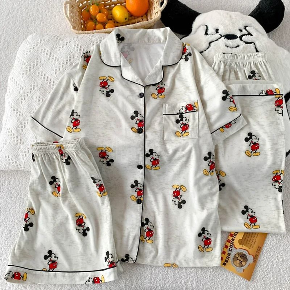 Womens 3 Piece Mickey Mouse Pajama Set With Short Sleeve Top Long Pants And Shorts 1
